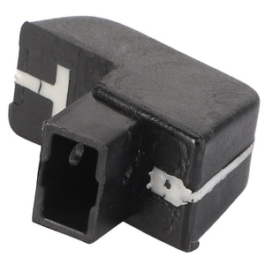 The AGCO Knob - Acp0475710, a sleek black plastic electrical connector, features a rectangular port and distinct white markings on its surface.