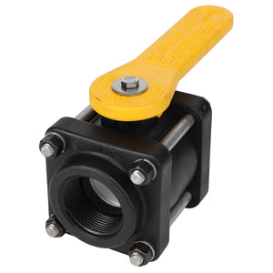 The AGCO | BALL VALVE - AG513722 is a black and yellow plastic valve featuring a long handle and four mounting bolts, ideal for those seeking reliable 4-bolt valves from the trusted brand, AGCO.