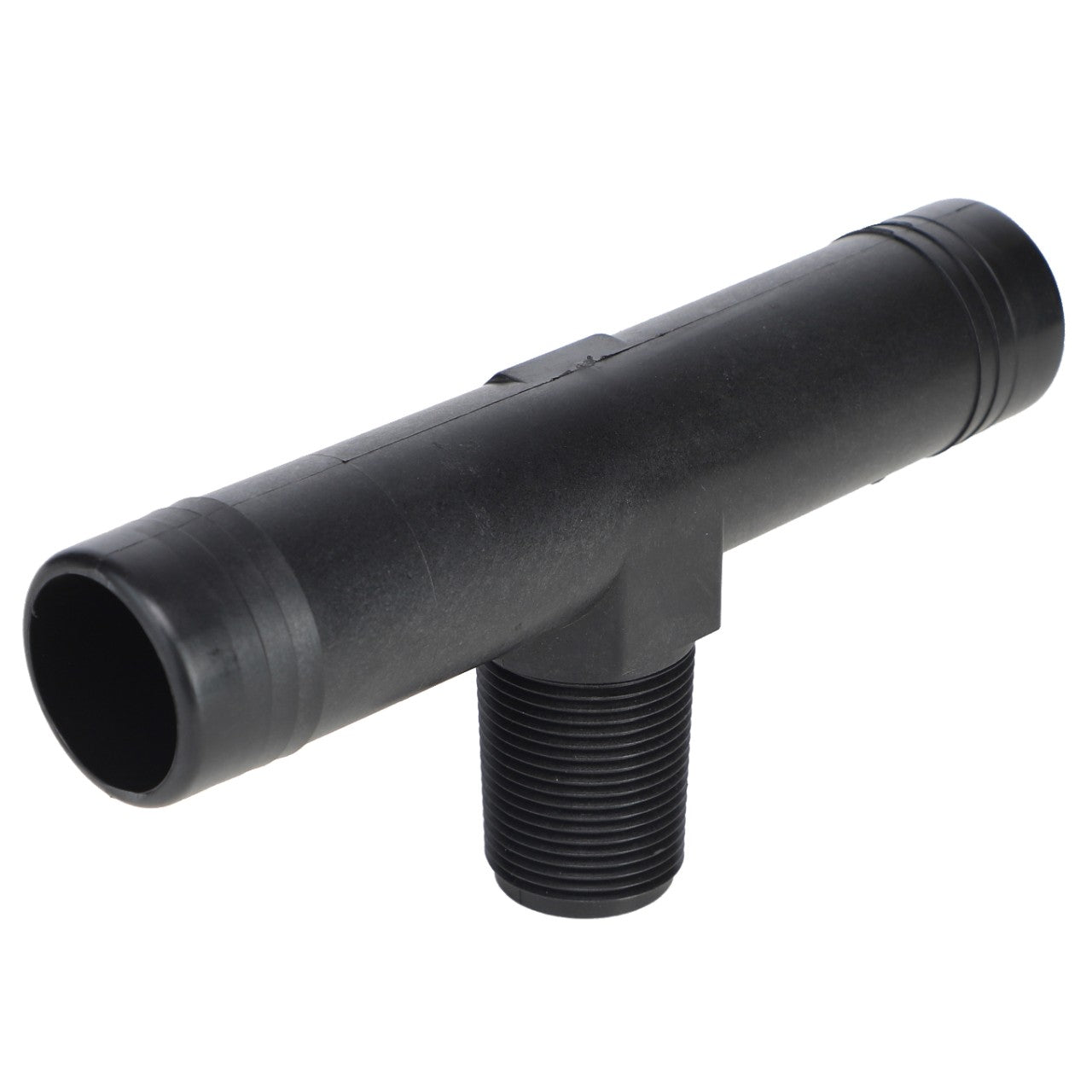 The AGCO | NOZZLE TEE - AG515491 is a black plastic T-shaped pipe connector featuring three openings, one of which is threaded for pipe connections. Currently, there is no additional product description information available.