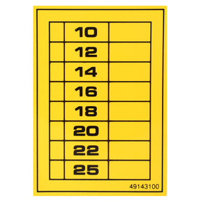 The AGCO | DECAL - D49143100 by AGCO features a yellow sticker sheet with numbers 10, 12, 14, 16, 18, 20, 22, and 25 in black text arranged in a vertical list. Currently, no product description information is available for this item.