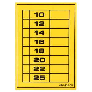 The AGCO | DECAL - D49143100 by AGCO features a yellow sticker sheet with numbers 10, 12, 14, 16, 18, 20, 22, and 25 in black text arranged in a vertical list. Currently, no product description information is available for this item.