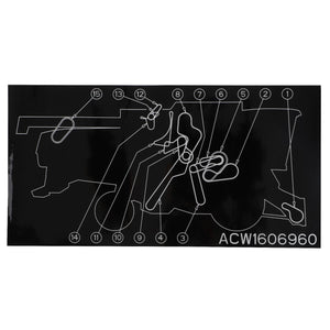 A black diagram with white lines and numbers ranging from 1 to 15, depicting a mechanical assembly with the code "ACW1606960" at the bottom right, identified as the AGCO Decal, Right Hand - ACW1606960. No current product description information is available.