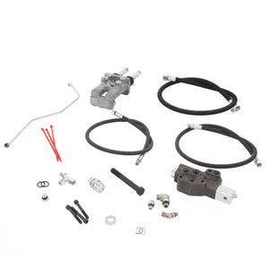 Components of the AGCO Hydraulic Conversion Kit (Accessory Code - Acw0694360), including hoses, fittings, bolts, nuts, O-rings, and various hardware pieces arranged on a white background. Product description information is currently unavailable.