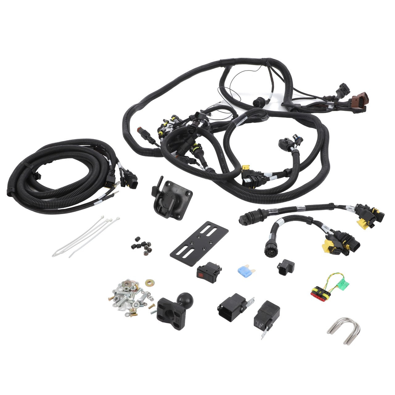 A collection of automotive wiring harnesses, connectors, and mounting hardware components is arranged on a white background—featuring the AGCO Terminal Kit - Acw196270A by AGCO.