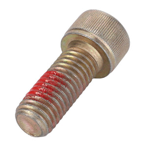 A metal hex socket screw with a knurled head, coated with a red thread-locking compound on the threads, measuring 40mm in length. This is the AGCO Hex Socket Screw - D40698400 by AGCO.