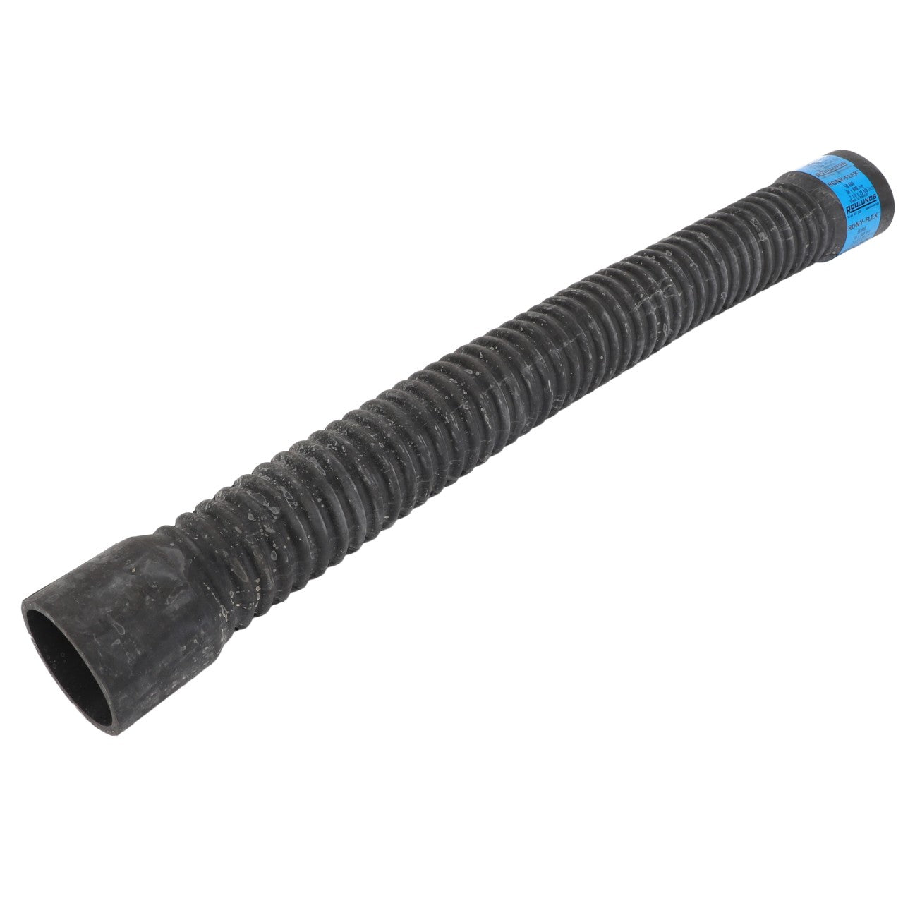 The AGCO HOSE - D46448700 is a ribbed black rubber hose featuring a blue label near one end, designed for the transport of fluids or gases. Currently, there is no additional product description information available.