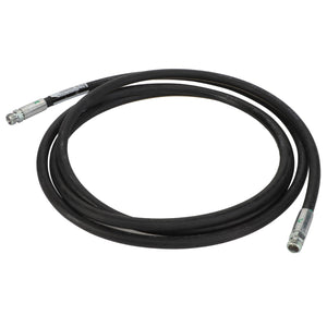 The AGCO Hydraulic Hose (D45130024) is a coiled black hose featuring metal connectors at both ends. No current product description information is available.