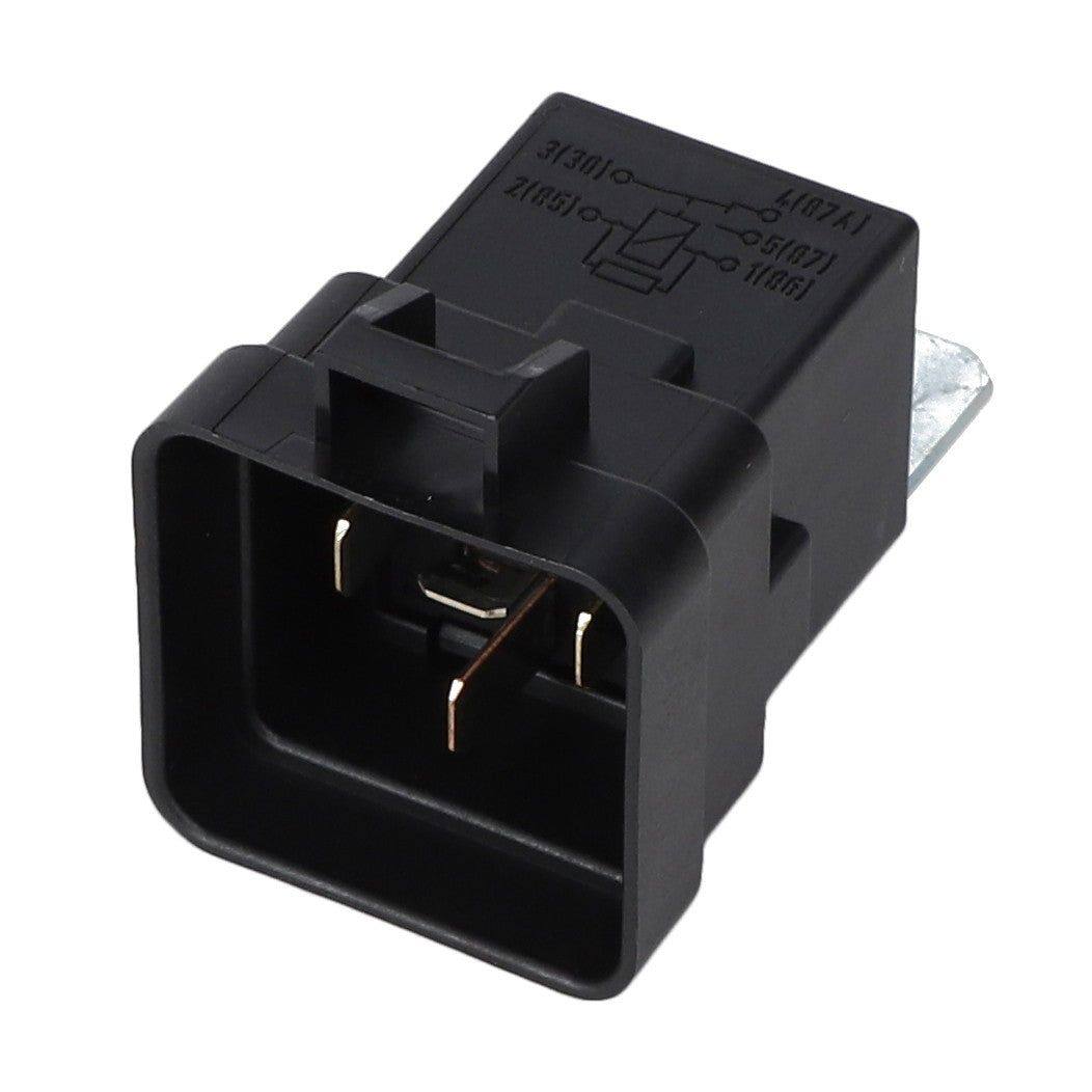 The AGCO | Relay - AG515756 is a black rectangular electrical relay featuring a schematic diagram on top and metal contact pins protruding from one side. This high-quality component ensures optimal integration within your electrical parts system. Trust AGCO for reliable performance every time.