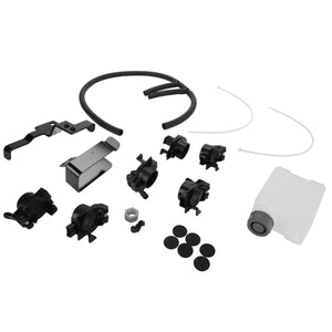 Product Description: The AGCO | Oil Collector - Acp0647880, a set of black and white mechanical components including hoses, clips, a plastic container, and various connectors, is neatly organized against a white background.