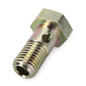 Close-up of the AGCO Banjo Bolt (Model: F395200710130) made of metal, showcasing its threading and a hole in the shaft. The bolt appears to be made of steel or similar material. Note: Additional product description unavailable for further details.