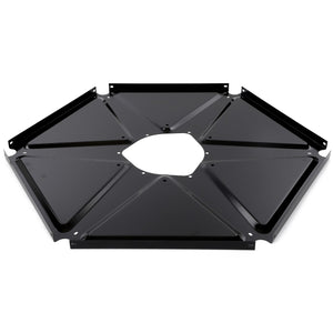 AGCO's PLATE - D28680276 is a hexagonal black metal component with a central void and flanged edges, featuring several strategically positioned mounting holes.