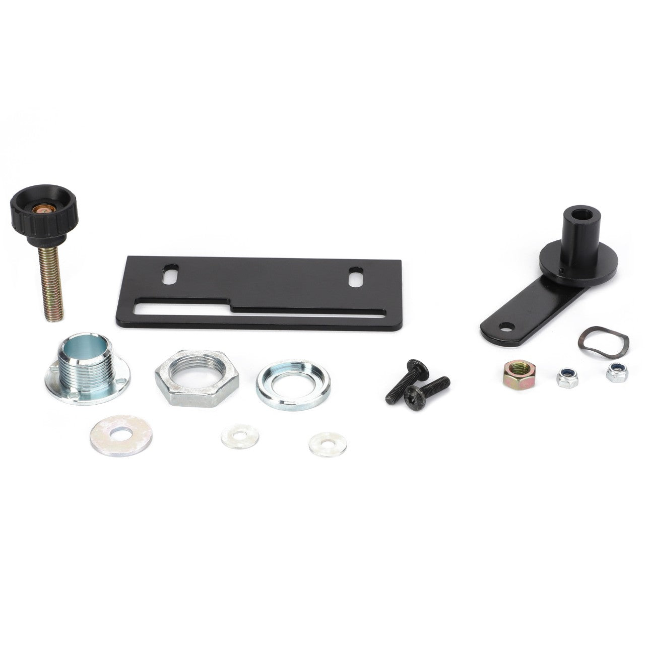 Assorted hardware components including screws, nuts, washers, and metal brackets arranged on a white background, ideal for Valtra Models and Massey Ferguson Models. This is presented as the AGCO Kit, Service - Acw014988C by AGCO.