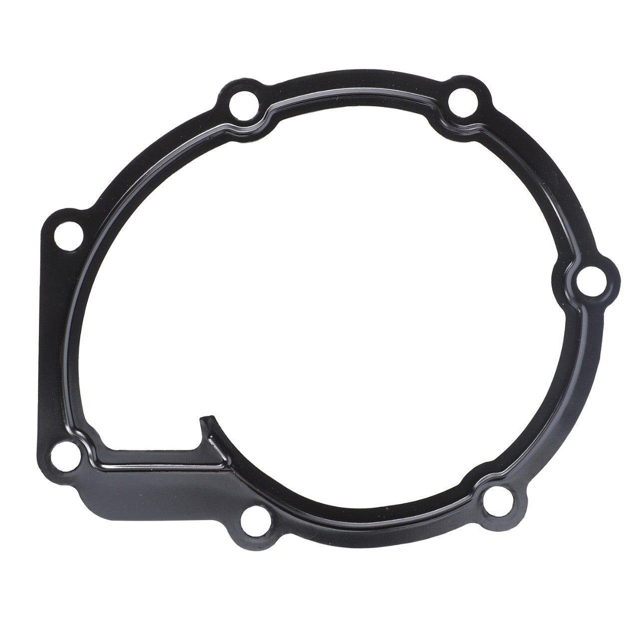 A black, round metal AGCO | Gasket - 4226613M1, ideal for Valtra or Massey Ferguson machinery, featuring several bolt holes around its edge.