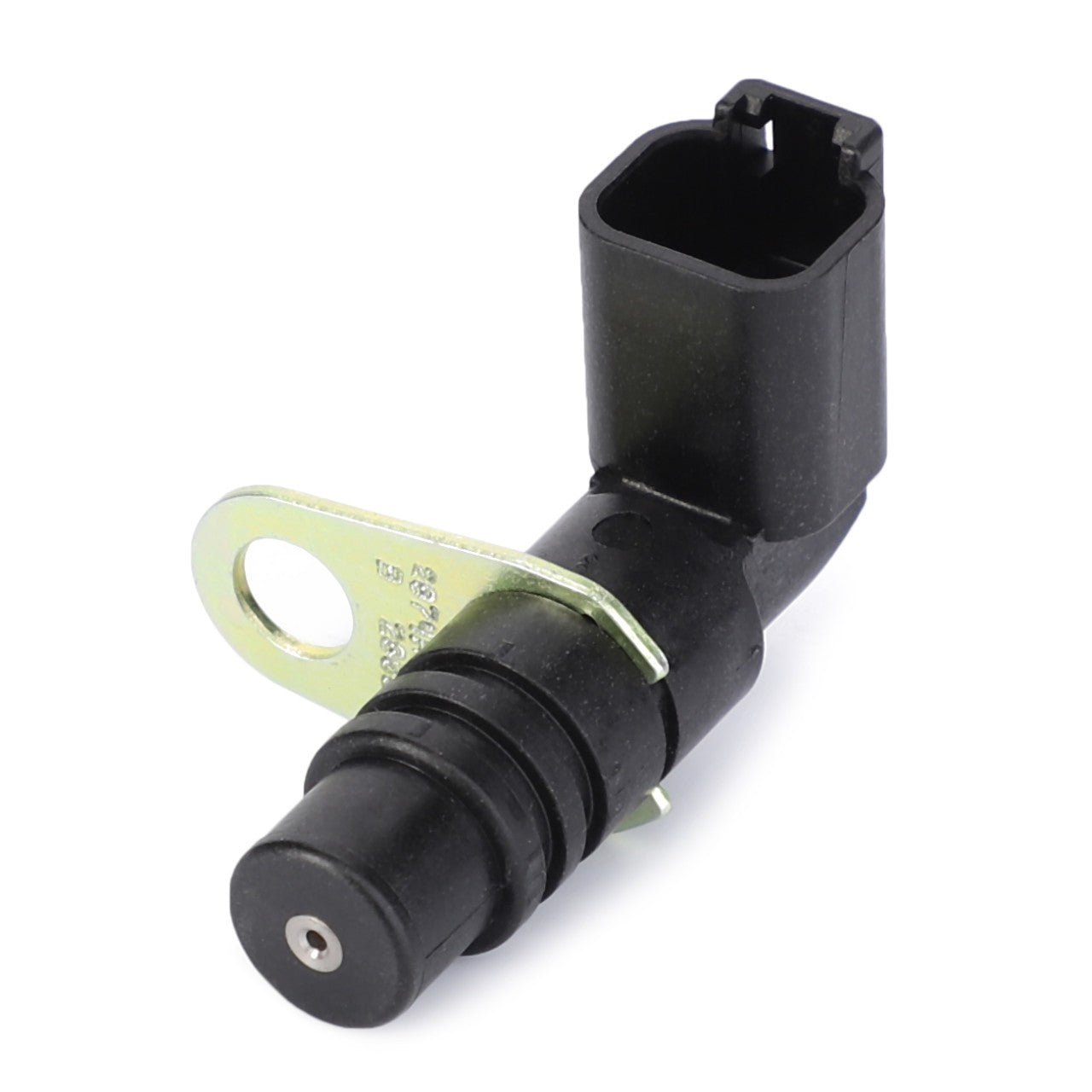 Close-up view of the AGCO Sensor Cylinder Block - 4224821M1, a black automotive sensor compatible with Valtra tractors, featuring a metal mounting bracket and an electrical connector.