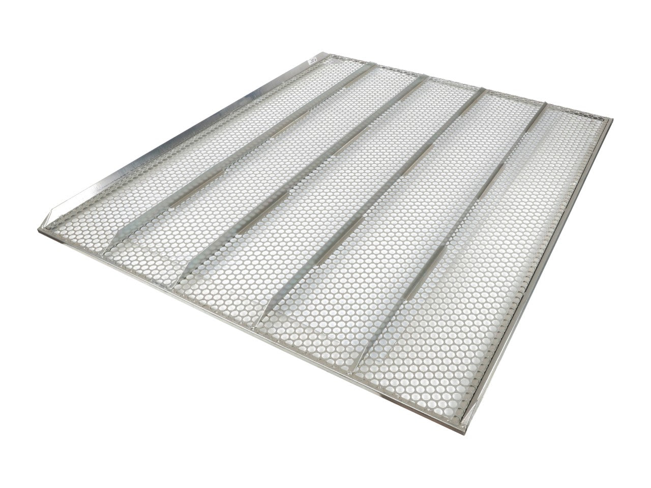 There is no current product description available for the AGCO | Sieve - La320960750, a rectangular galvanized steel grating with perforated holes and raised ribs.