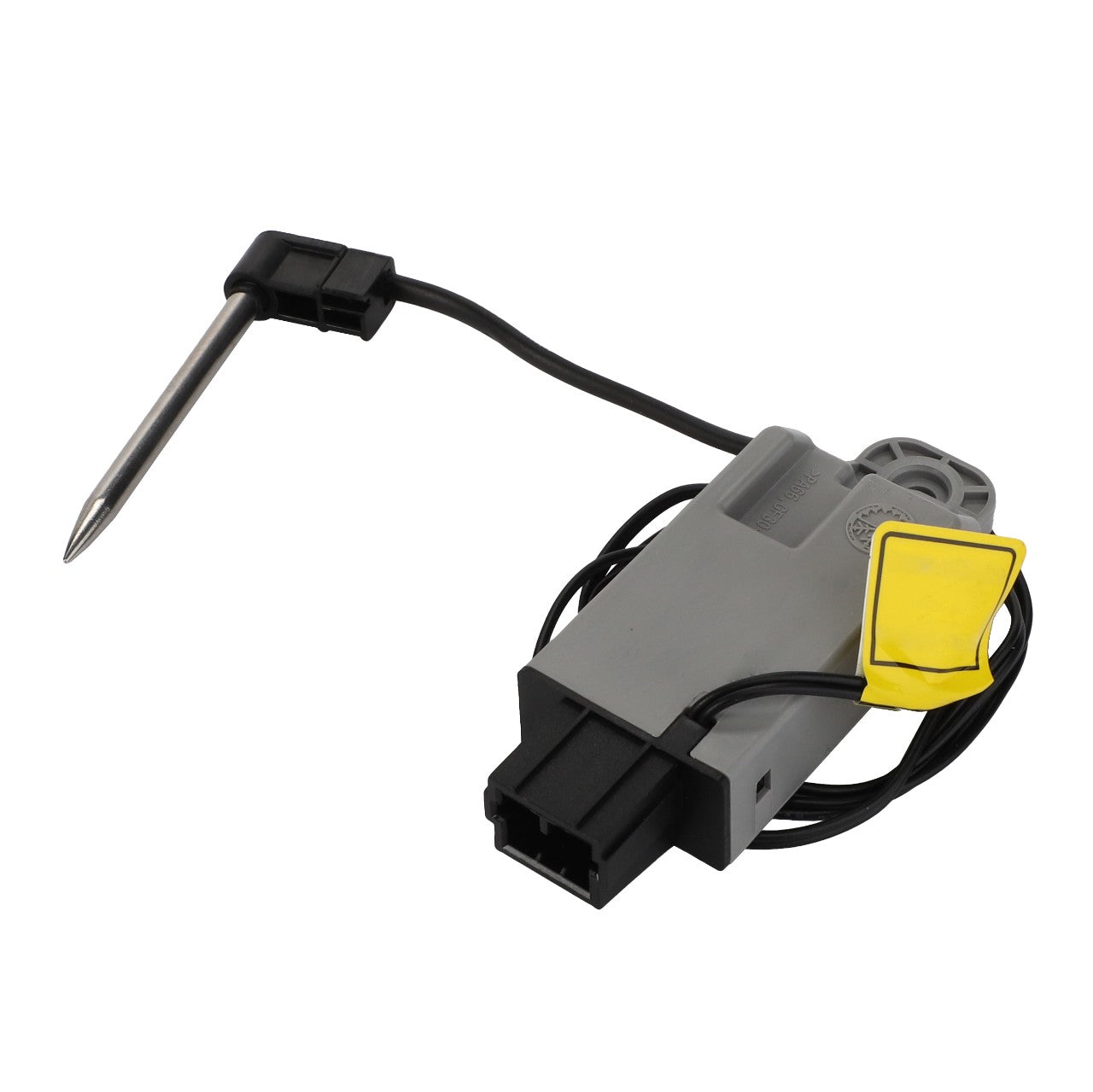 The AGCO | Thermostat - Acw171643A, featuring a gray electronic sensor with a black cable and pointed metal probe, is connected to a rectangular base with a yellow tab. No current product description information is available for this item.