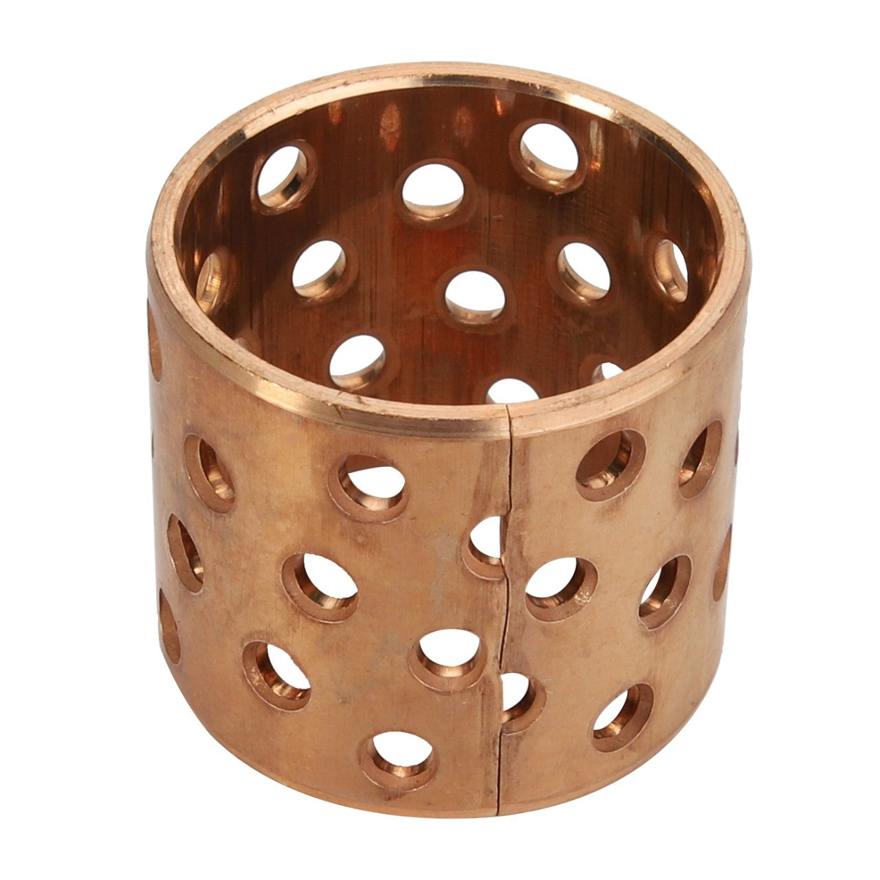 The AGCO | BUSH - AL732516, a cylindrical copper bushing by AGCO, features multiple circular holes and a split down one side. No further product description information is available at this time.