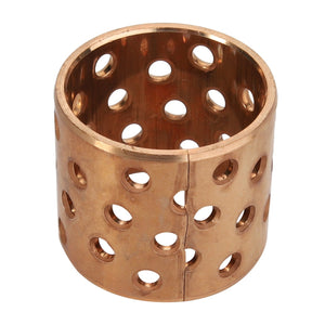 The AGCO | BUSH - AL732516, a cylindrical copper bushing by AGCO, features multiple circular holes and a split down one side. No further product description information is available at this time.