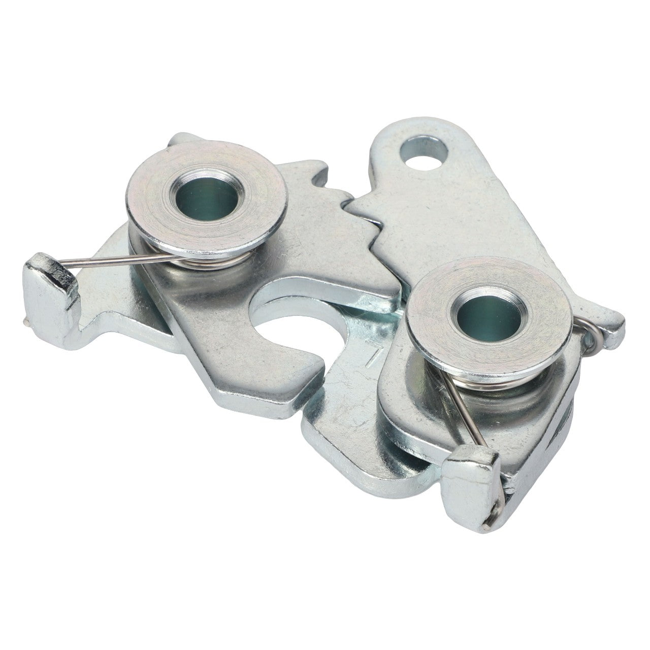 The AGCO | Bonnet Latch - Acw9142980, a precision-engineered metal mechanical component from the brand AGCO, features two circular sections and wire springs. It is designed with a cutout and a hole for secure attachment. Please provide more details about the product for further assistance.