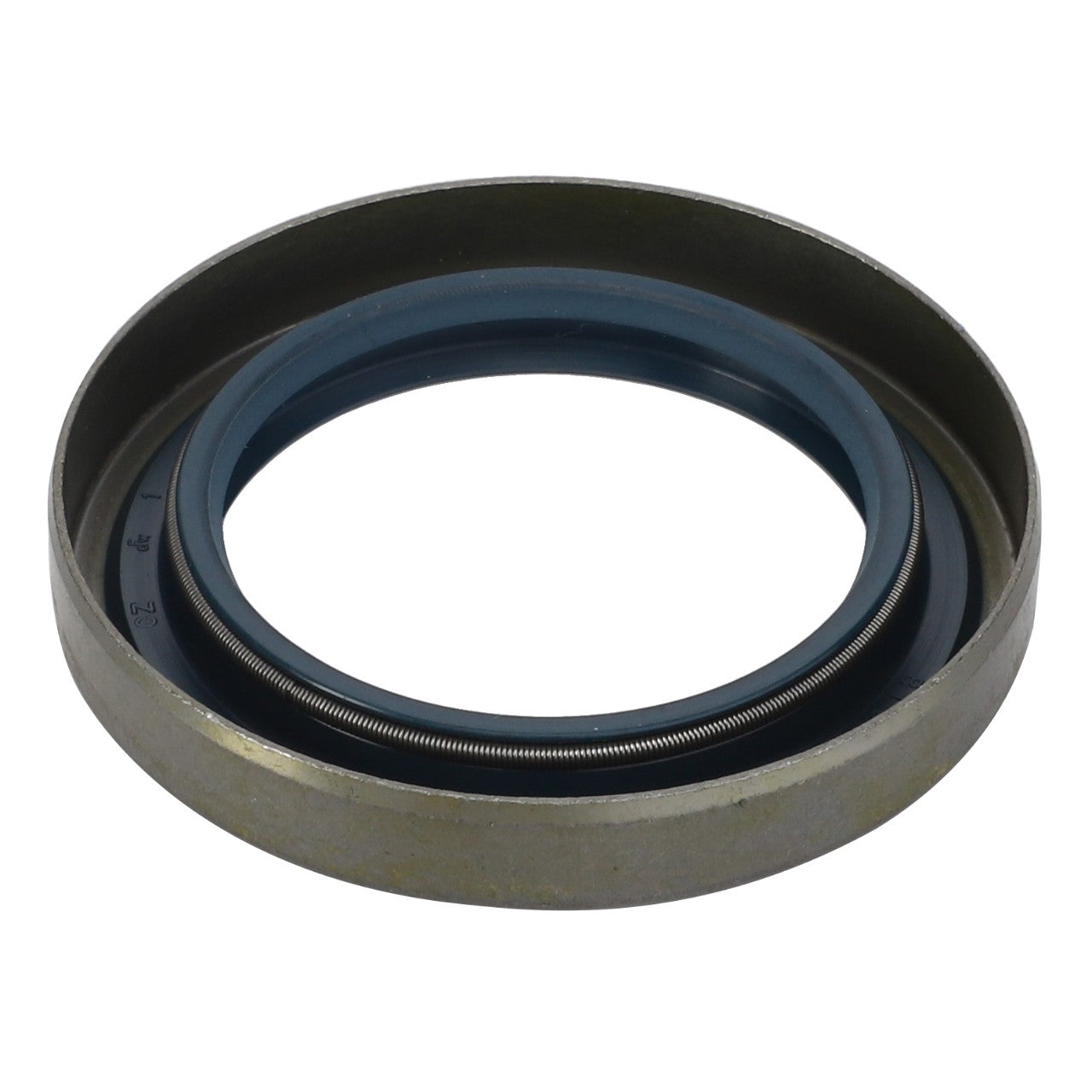 Close-up view of the AGCO Shaft Seal - F184100220050, featuring an inner blue sealing ring and spring, potentially used as an automotive or industrial oil seal. No current product description available.