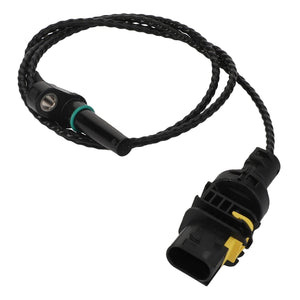 The AGCO | Engine Speed Sensor - F530200090790 is a high-quality black automotive connector featuring a twisted cable and an attached sensor, specifically designed for electronic systems in vehicles. Further product details are currently unavailable.