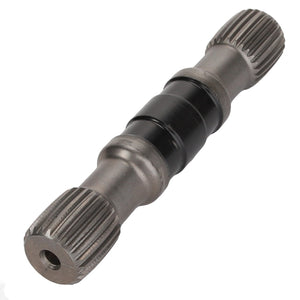 The AGCO | SHAFT - ATV1402-233, a metallic component with ridged ends and a smooth central section, is specifically designed for mechanical use.