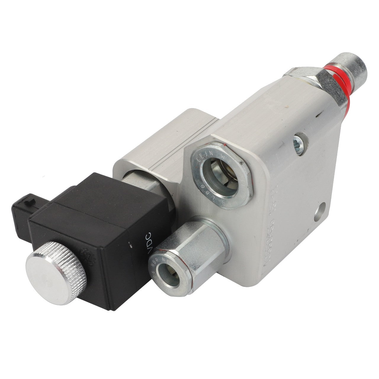 The AGCO | VALVE - AL10550455 is a metal hydraulic valve that includes black and silver components on one side, featuring several ports and connectors. No current product description information is available.