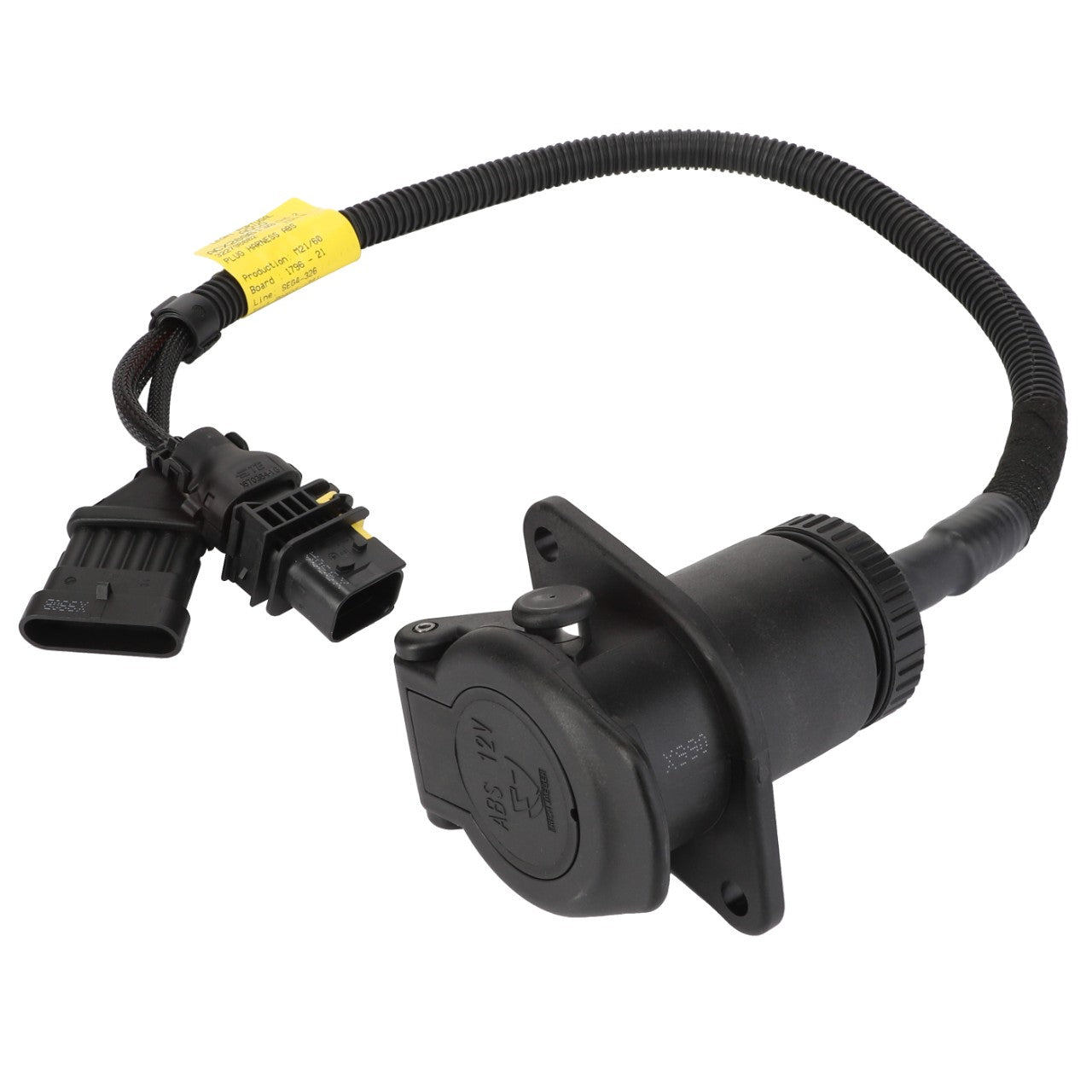 Close-up of the AGCO |  - ACX2896130 black electrical connector with an attached cable and 12V plug, featuring labels on the wires. No relevant SEO keywords can be identified from the provided product description.