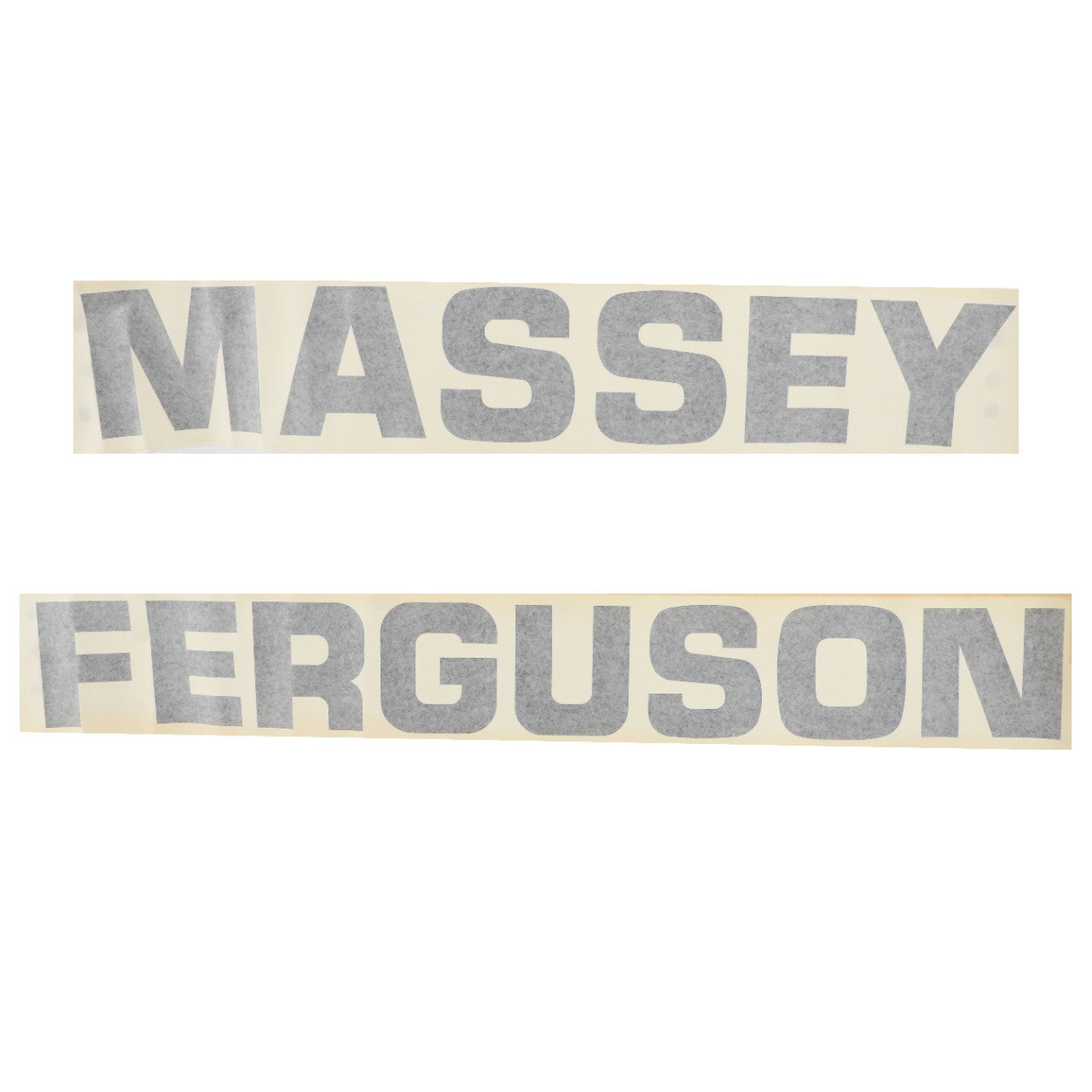 Image displays two rectangular decals by AGCO in gray uppercase block letters. The top decal reads "MASSEY" and the bottom decal reads "FERGUSON." Product name: AGCO | DECAL - D49127700.