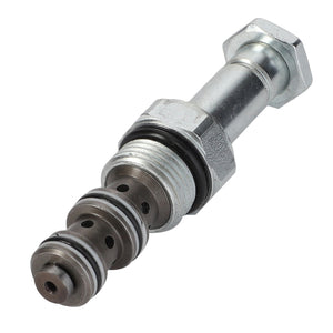 Close-up of the AGCO Solenoid Valve - F210871140010, a cylindrical metal hydraulic valve featuring multiple o-rings, threads, and hexagonal fittings on both ends, showcasing peak performance crafted from high-quality materials.