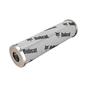 An AGCO-branded cylindrical hydraulic filter cartridge, model 3973987M1, with metal end caps and a perforated metal exterior, ideal for enhancing the performance of Massey Ferguson models' hydraulic systems.