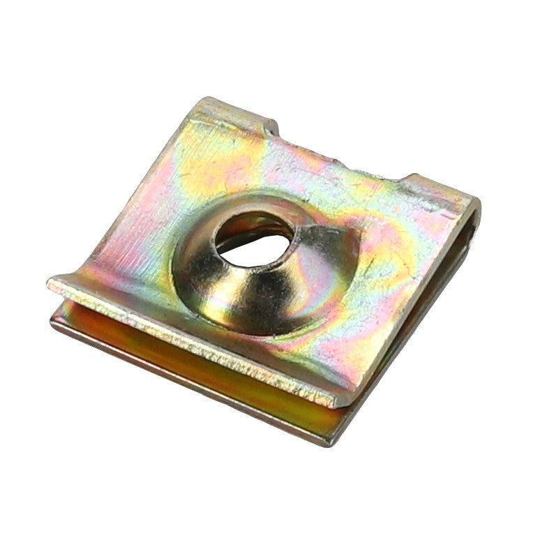 The AGCO | CLIP - D43429600 is a square metal clip featuring a hole in the center, characterized by an iridescent finish. Brand: AGCO. No current product description information is available.