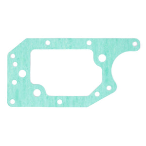 The AGCO Seal, Valve Block - 416100600020 is a mint-green, irregularly shaped rectangular gasket with multiple holes of various sizes, ideal for use in Massey Ferguson models.