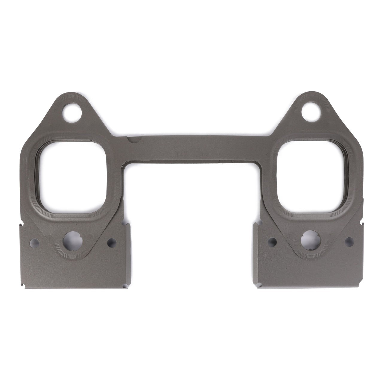 The AGCO Seal, Exhaust Manifold - F934201100040 features two rectangular openings and bolt holes, designed to seal the space between the cylinder head and engine block. This part ensures genuine seals and optimal performance for Fendt Vario engines.