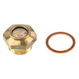 AGCO's Plug - Acp0360840 featuring a brass hexagon nut with a transparent window on the left, complemented by a sleek copper washer on the right, all set against a pristine white background.