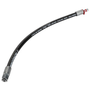 The AGCO | Hydr. Hose - Acw2916150 is a black hydraulic hose with metal fittings on both ends. The text on the hose includes specifications and indicates it is made in Italy. Unfortunately, no current product description information is available.