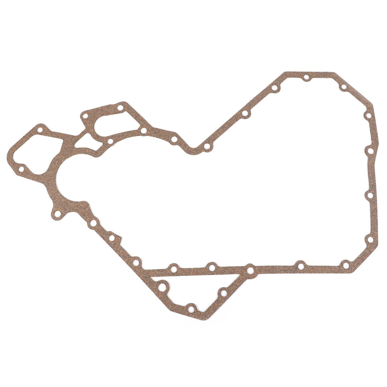 A flat, brown automotive gasket with multiple holes and an irregular shape, the AGCO Gasket, Timing Cover (4224634M1) is used as a seal between engine components in Valtra models.