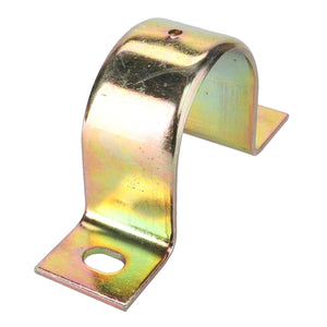 The AGCO Bearing Holder, Straw Walker Camshaft - D28480787, a metal saddle clamp with a mounting hole at each end designed for securing pipes or cables to surfaces, helps ensure maximum uptime.