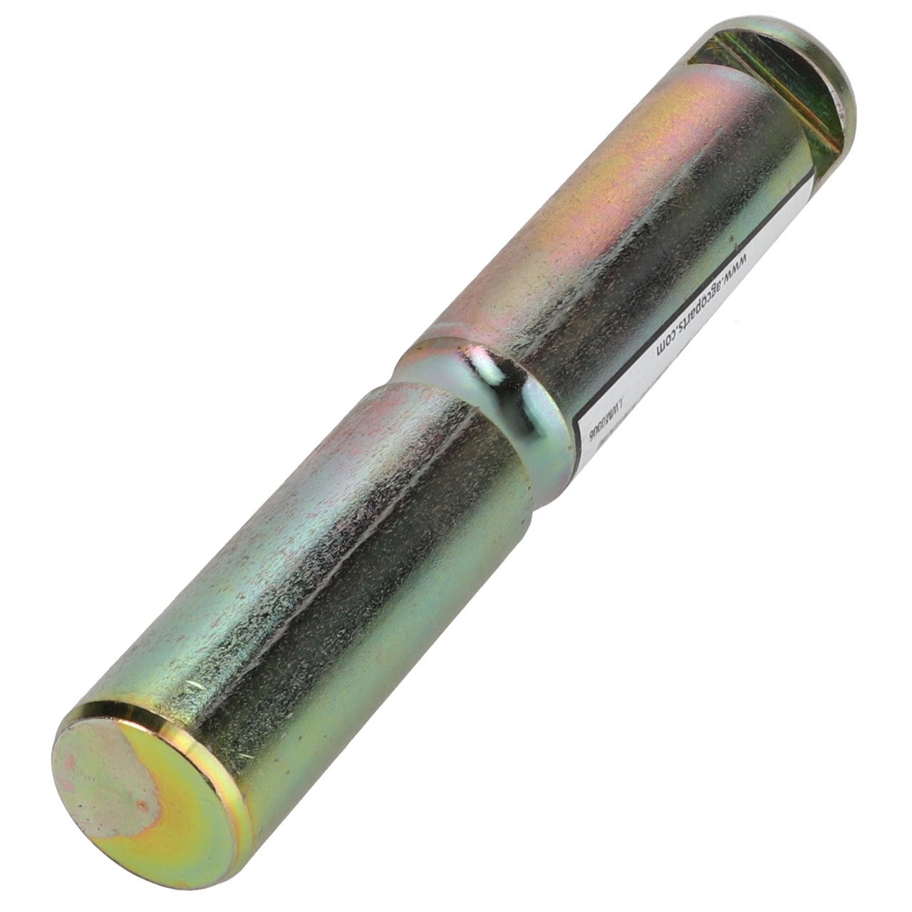 The AGCO | BOLT - F716500160920, a product by AGCO, is a metallic cylindrical object with a slightly tapered middle and a reflective surface featuring subtle coloration variations. It gives the impression of being a precision-crafted tool or component designed for specific applications.