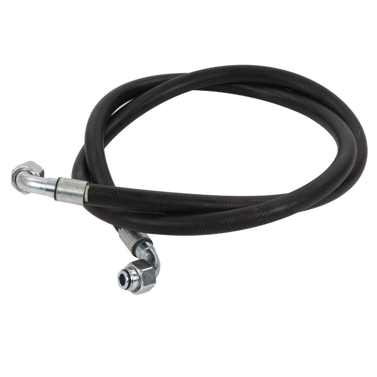 The AGCO HYDR. HOSE - D45130031 is a durable, coiled black hydraulic hose featuring sturdy metal fittings securely attached at both ends.