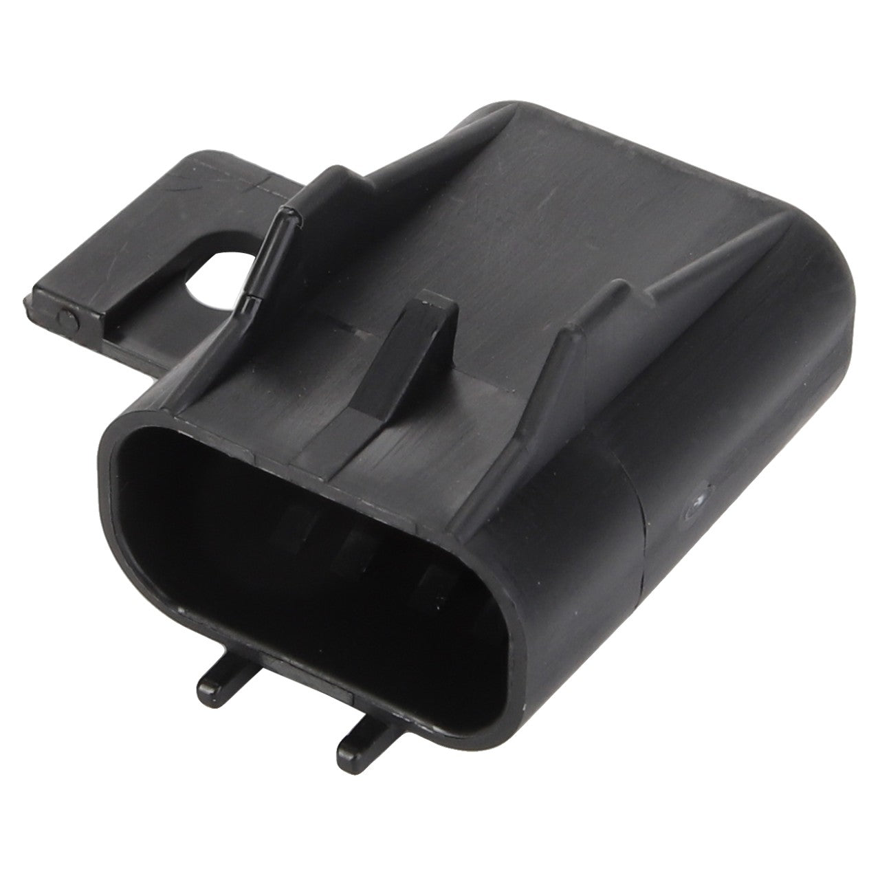 The AGCO | CAP - AG520052 electrical connector is a black, rectangular plastic device featuring two prongs and a convenient mounting tab for easy installation.