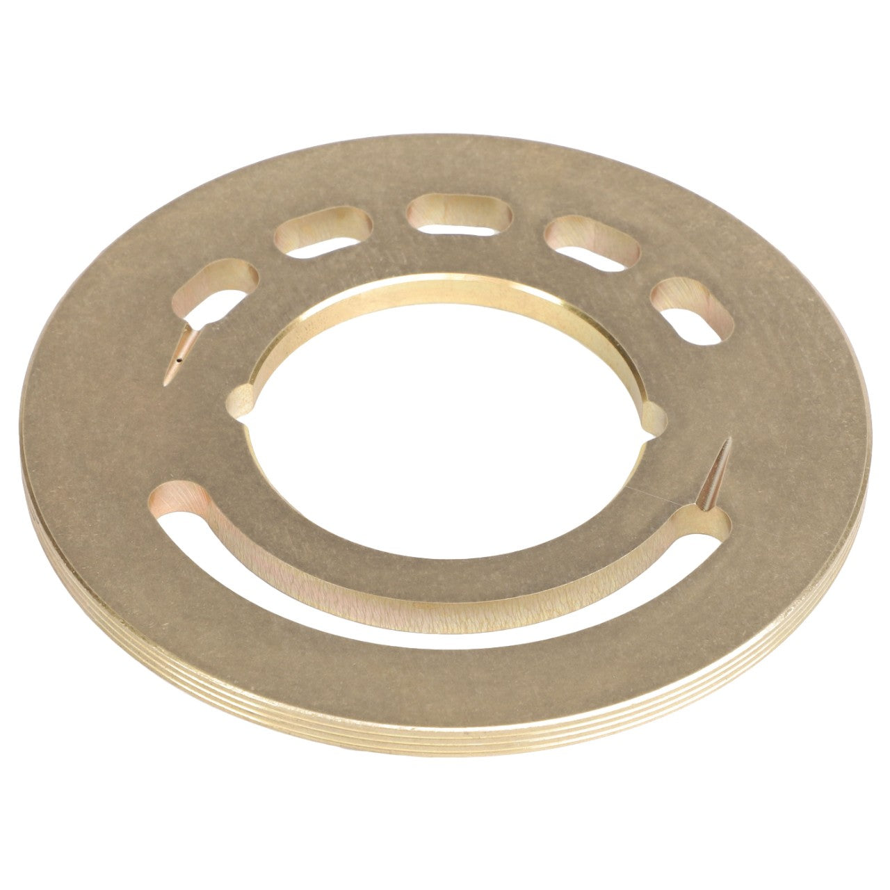 Product Description: The AGCO Distributor Plate - F514940010040 is a flat, circular, metallic component featuring various cutouts and a large central hole. It serves a function similar to that of a gear or spacer.