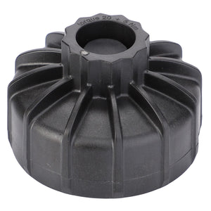 Introducing the AGCO | Cover - F835201110030, a black, circular plastic component featuring multiple ridges and a central hole, perfect for application in Massey Ferguson machinery.