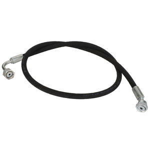 The AGCO | Hydraulic Hose - Acw2303680 is a durable, coiled black hydraulic hose that features robust metal fittings at each end—one straight and the other angled.