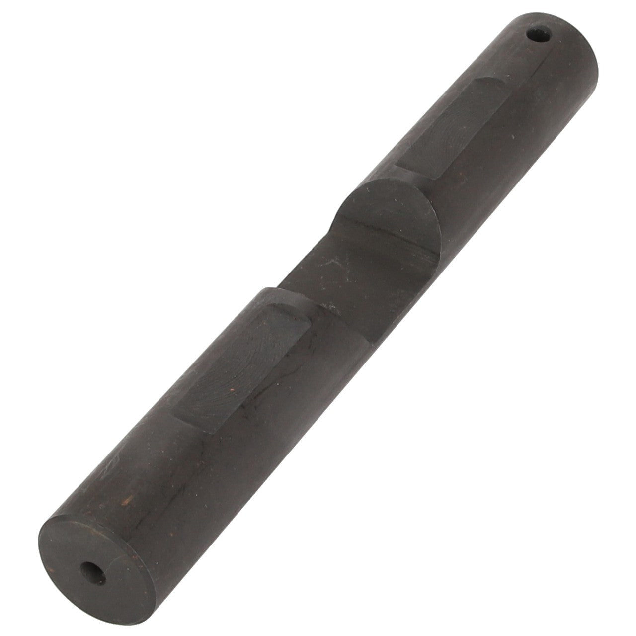 The AGCO | CLEVIS PIN - D46100719 is a cylindrical metal rod featuring machined grooves, including one larger central groove and two smaller grooves on either side. The rod also has two small holes, located at each end. Currently, there is no additional product description information available for this item from the brand AGCO.