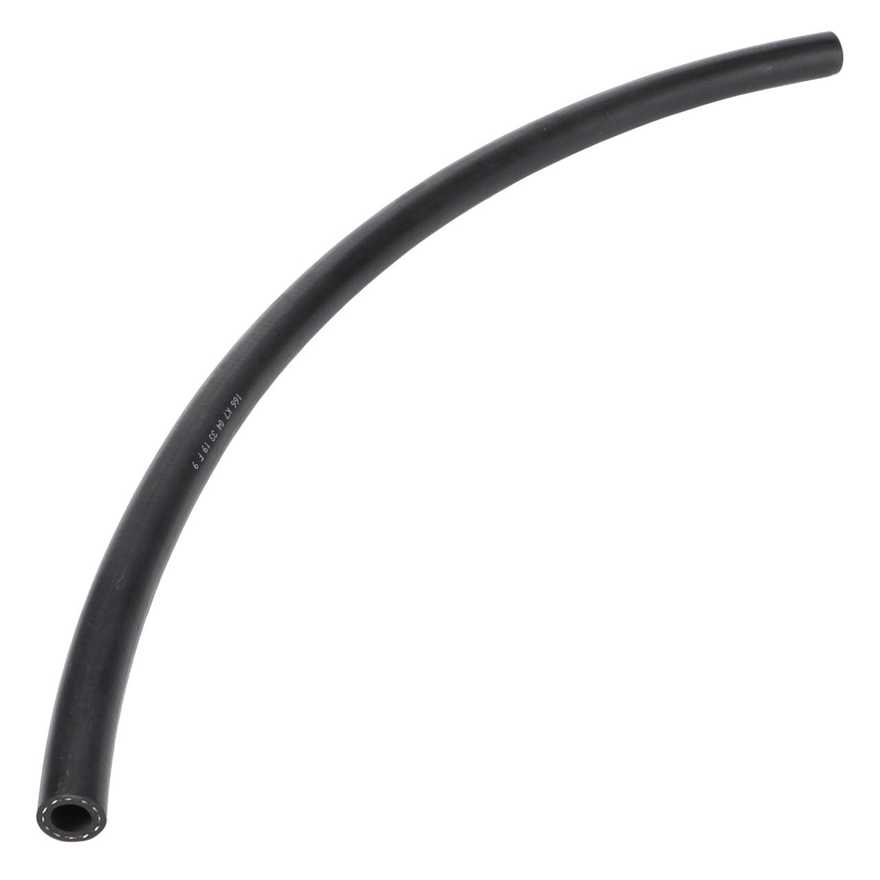 A single AGCO Hose - 3779603M1, a black, flexible rubber hose with a slight curve and open ends facing left and right, is featured on a white background. This component is designed to fit Valtra Models and Massey Ferguson MF 6290 tractors.