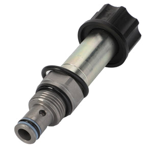 The AGCO | VALVE - F737960020010 is a metal cylindrical hydraulic valve featuring a black knob on one end and an O-ring situated towards the middle. Currently, there is no additional product description information available.