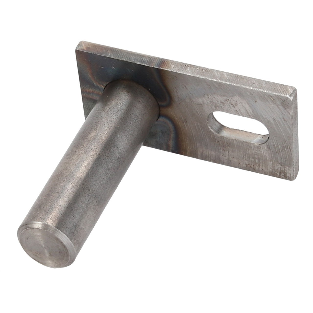 A cylindrical metal rod, part of the AGCO CLEVIS PIN - D26733961 product by AGCO, is vertically welded to a rectangular metal plate with an oval hole; currently, no detailed product description information is available.