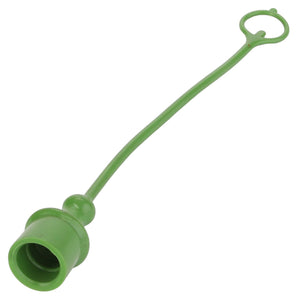 The AGCO | Cap - Acp0402050, a green rubber cap by AGCO, features an elongated flexible strap with a circular loop at the end, making it perfect for attaching to various items.