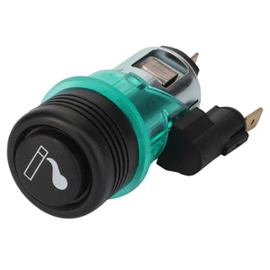 Introducing the AGCO Lighter - Acp0324340, a green and black push-button switch featuring a power symbol on the button and electrical connectors on the back. Expertly crafted by AGCO, this high-quality switch is ideal for seamlessly meeting your electrical needs while enhancing your SEO.